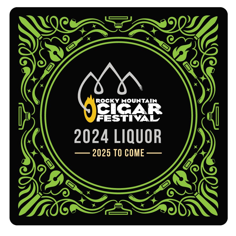 Rocky Mountain Cigar Festival logo with '2024 LIQUOR' and '2025 TO COME' text, featuring stylized mountains and decorative green border on black background.
