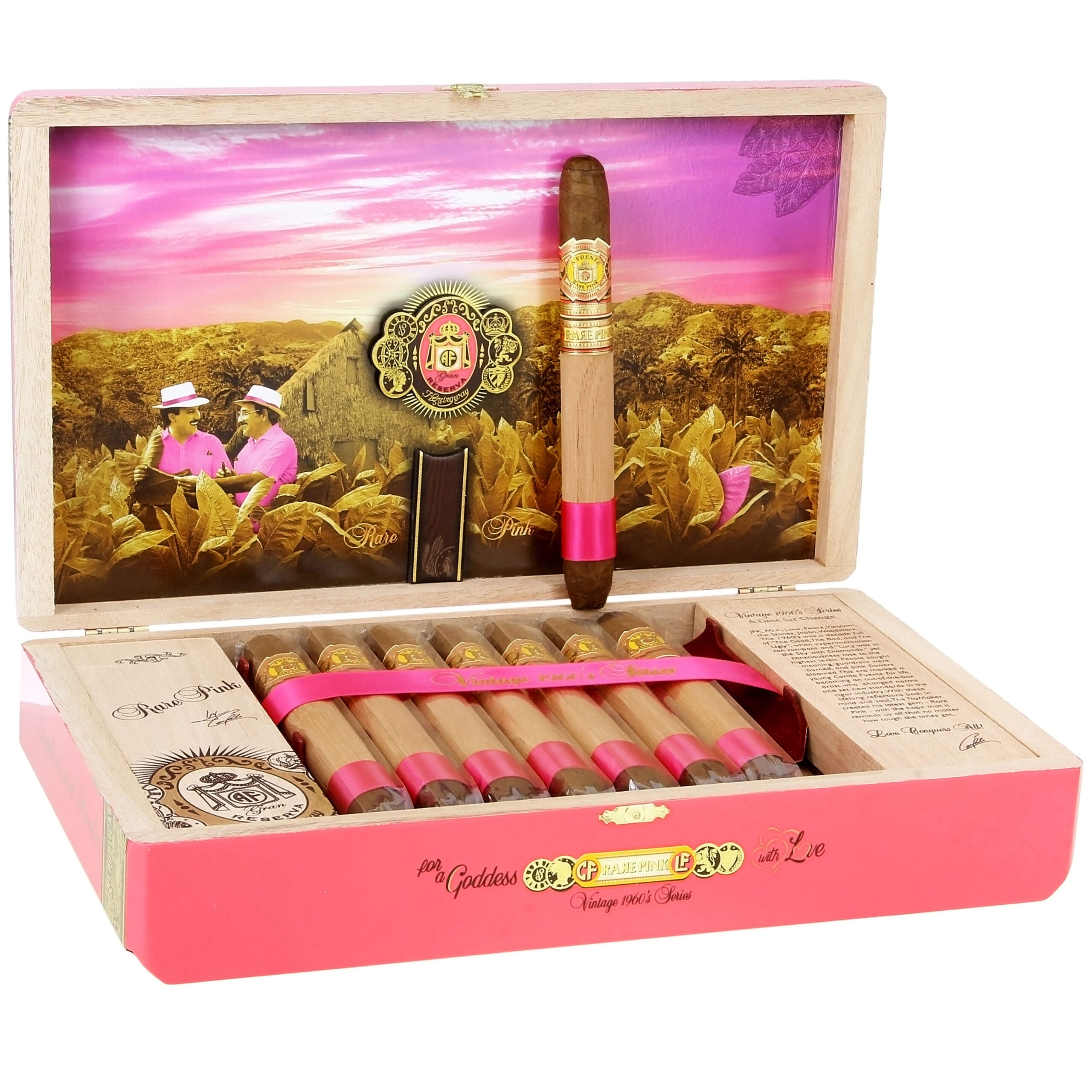 Arturo Fuente Rare Pink cigar featuring traditional Fuente band, RARE PINK secondary band, and distinctive pink foot band.