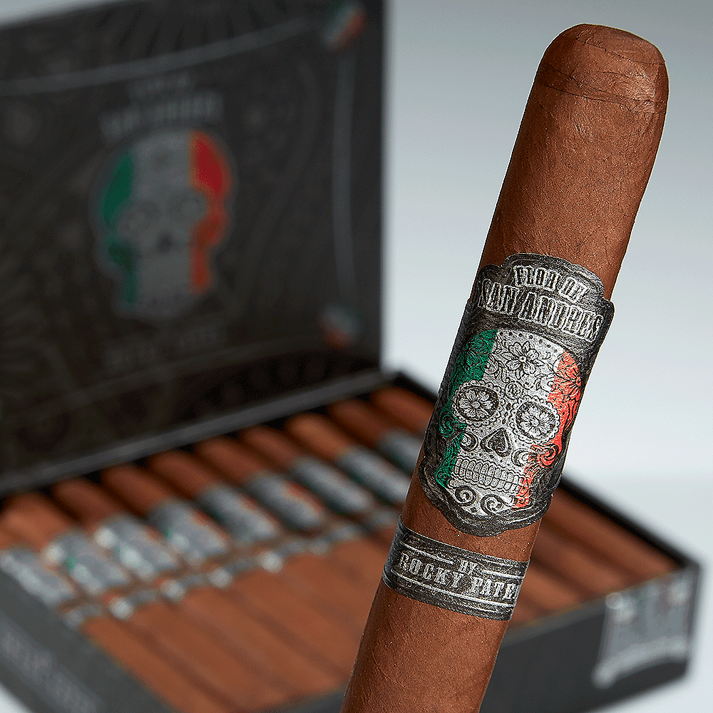 Rocky Patel Flor de San Andres Black box-pressed robusto displaying its dark Mexican San Andrés Maduro wrapper and understated band against a black background
