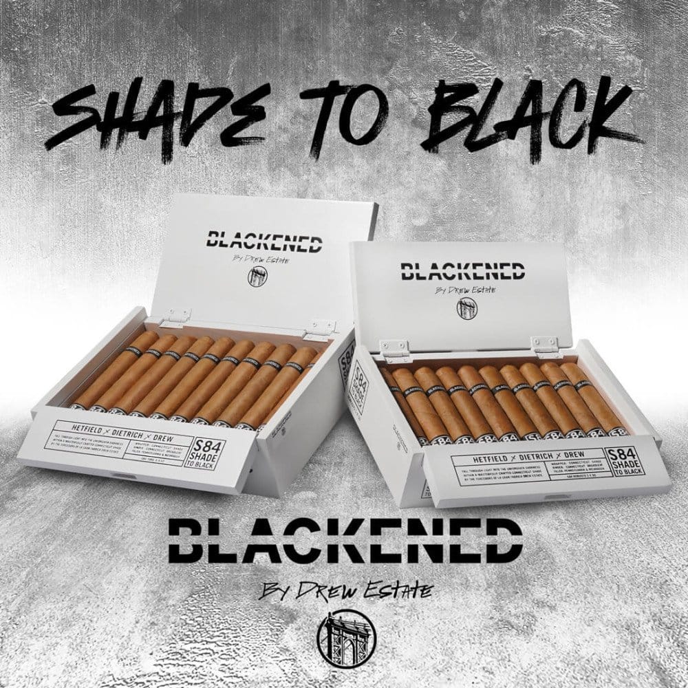 Drew Estate BLACKENED S84 Shade to Black cigars displayed in open white boxes with black branding and 'SHADE TO BLACK' text against gray background