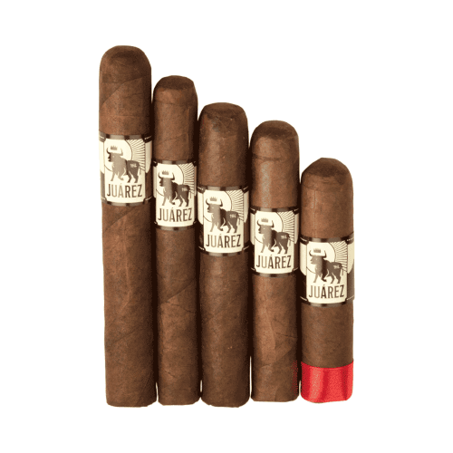 Crowned Heads Juarez cigars in assorted vitolas lined up, showing the signature bull logo on each band.